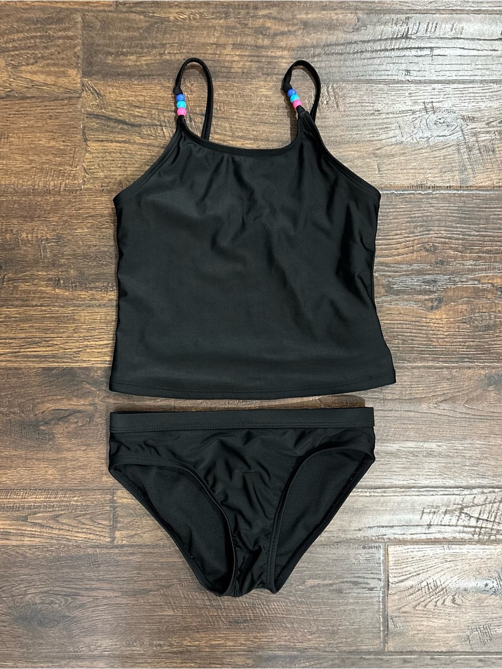 wonder nation Black Tankini with Pink & Blue Bead Straps